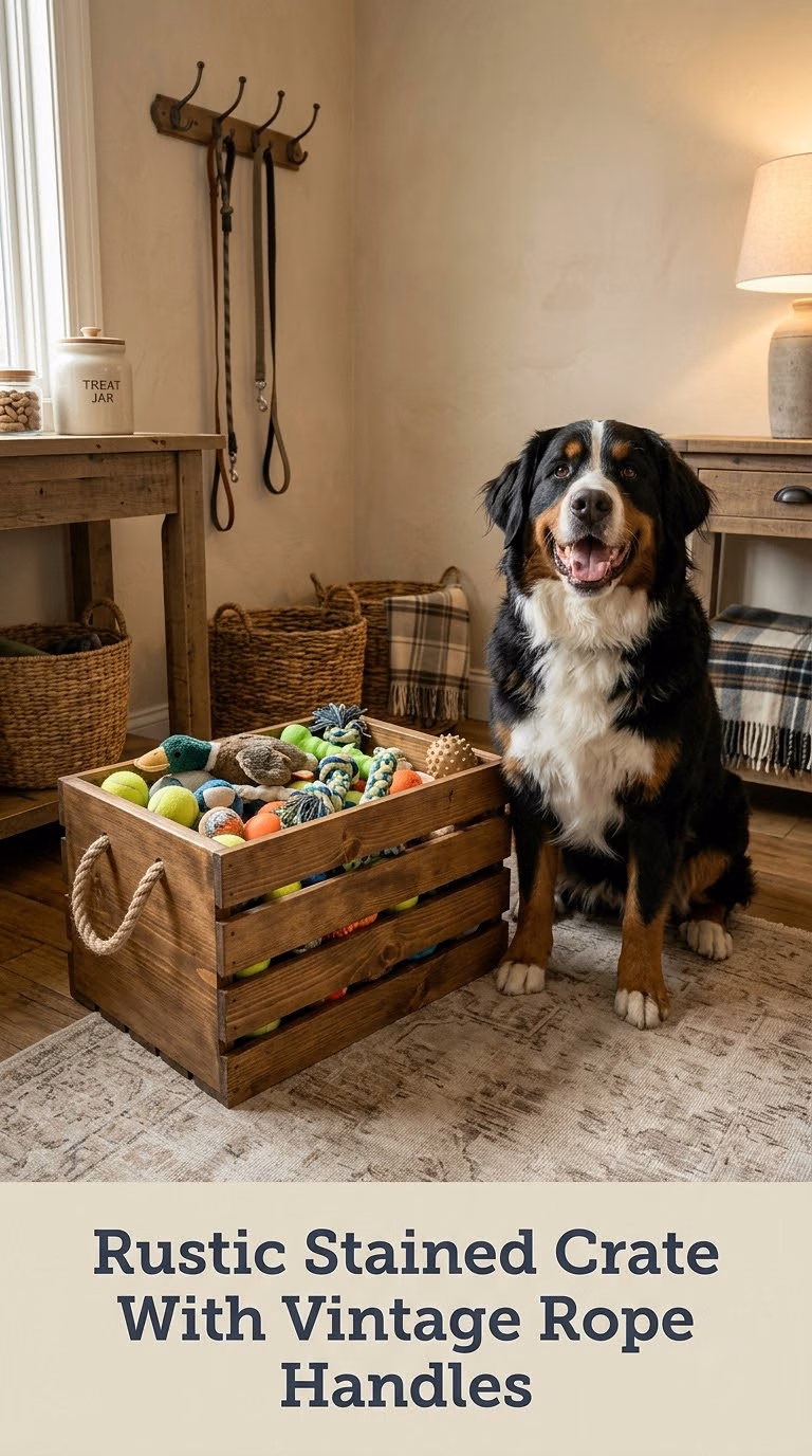 Rustic Stained Crate With Vintage Rope Handles