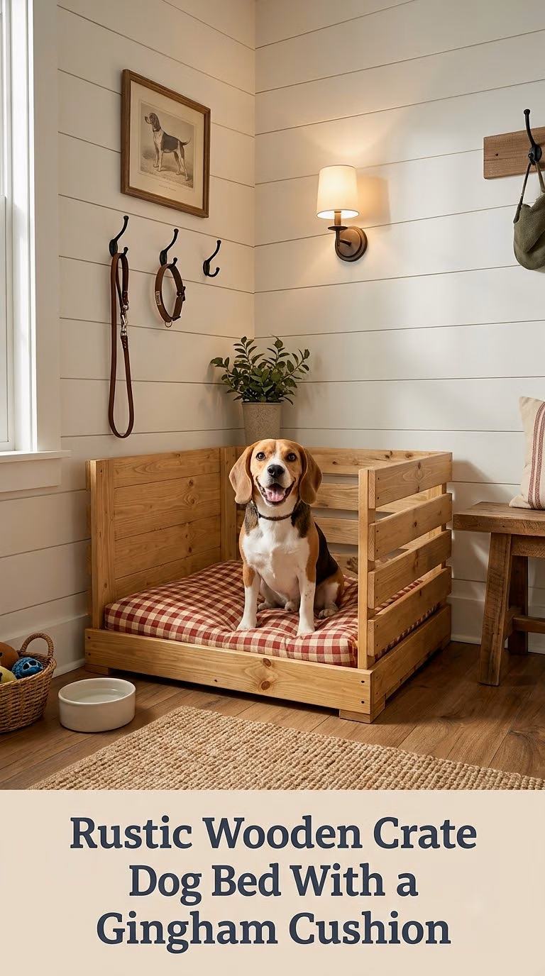 Rustic Wooden Crate Dog Bed With a Gingham Cushion