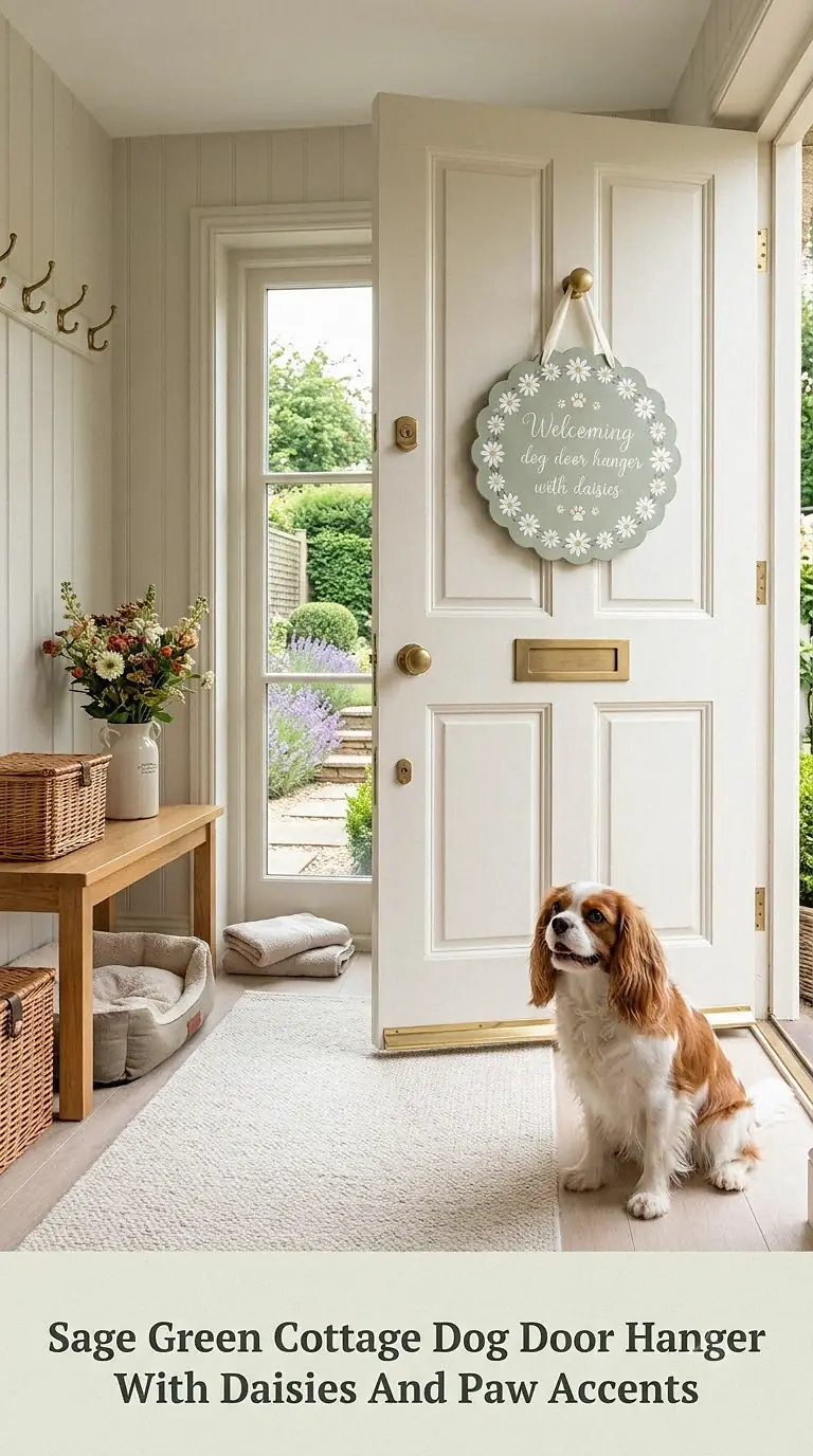 Sage Green Cottage Dog Door Hanger With Daisies And Paw Accents