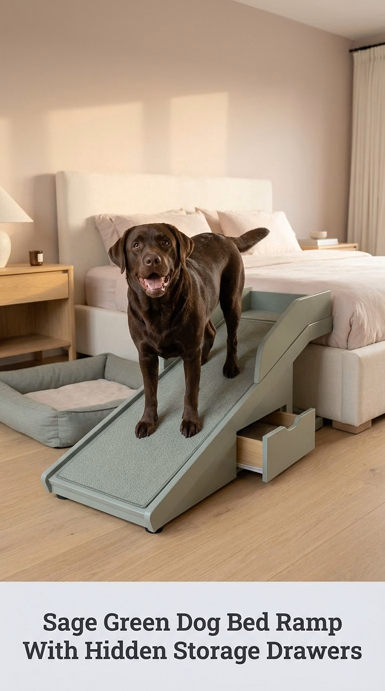 Sage Green Dog Bed Ramp With Hidden Storage Drawers