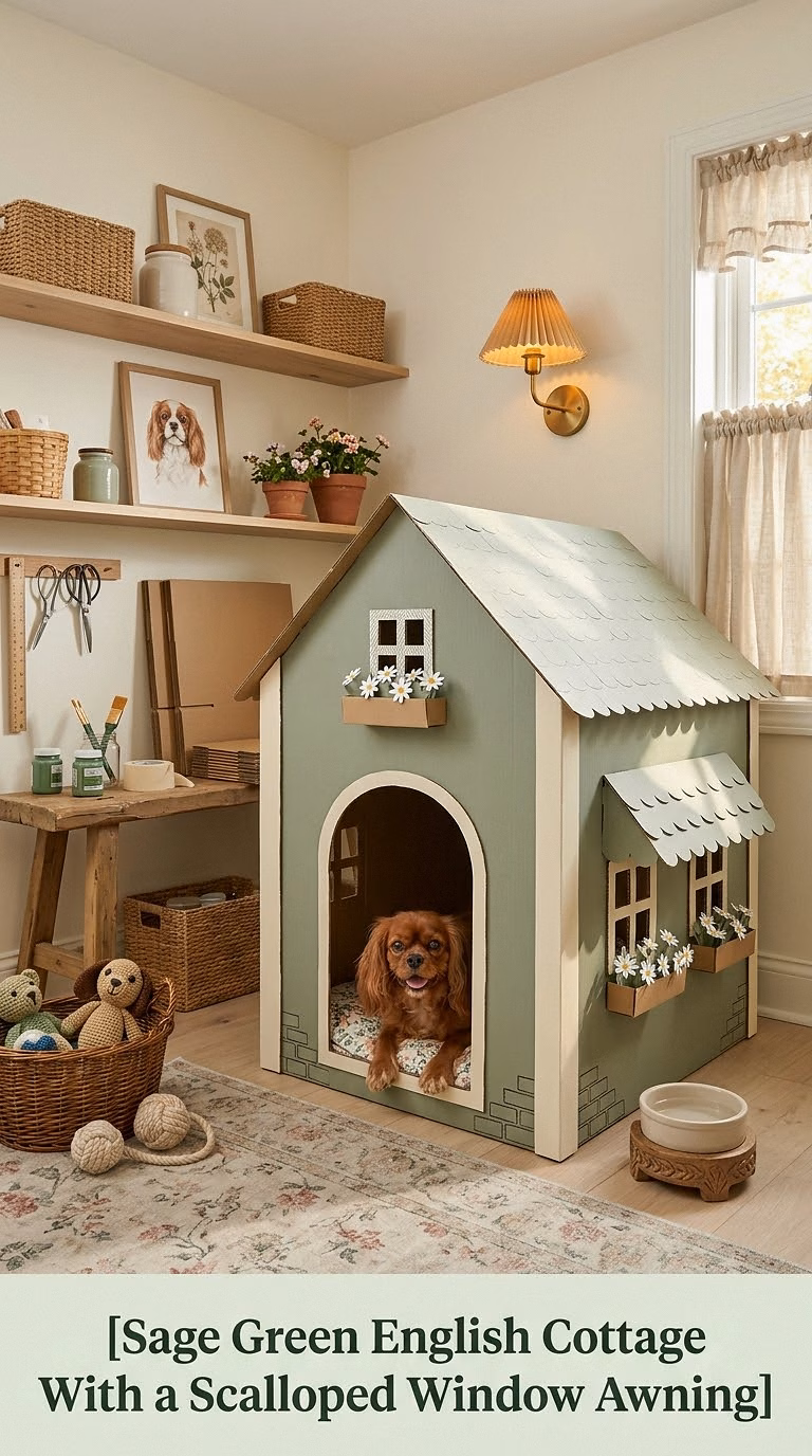 Sage Green English Cottage With a Scalloped Window Awning