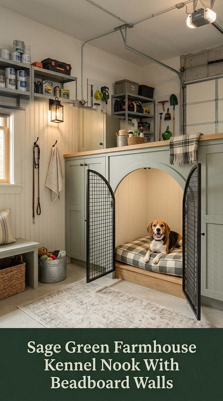 Sage Green Farmhouse Kennel Nook With Beadboard Walls