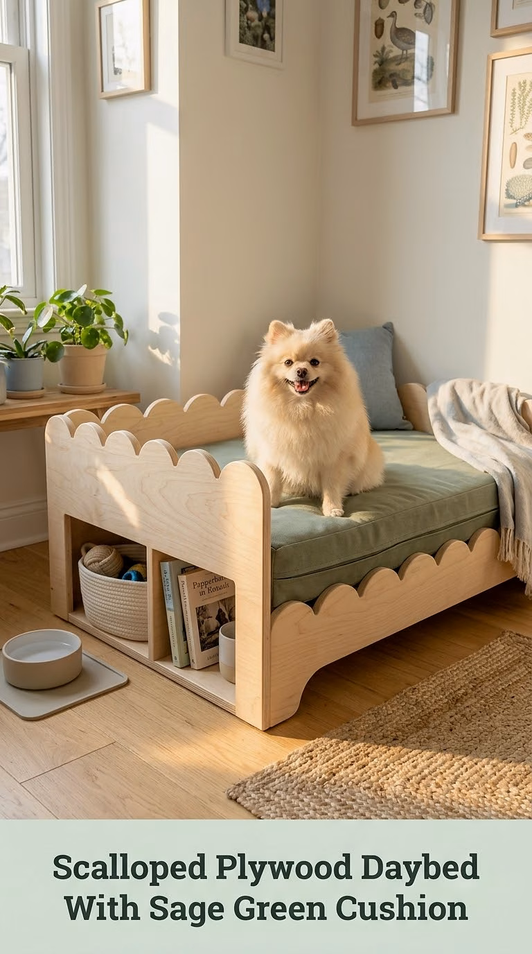 Scalloped Plywood Daybed With Sage Green Cushion