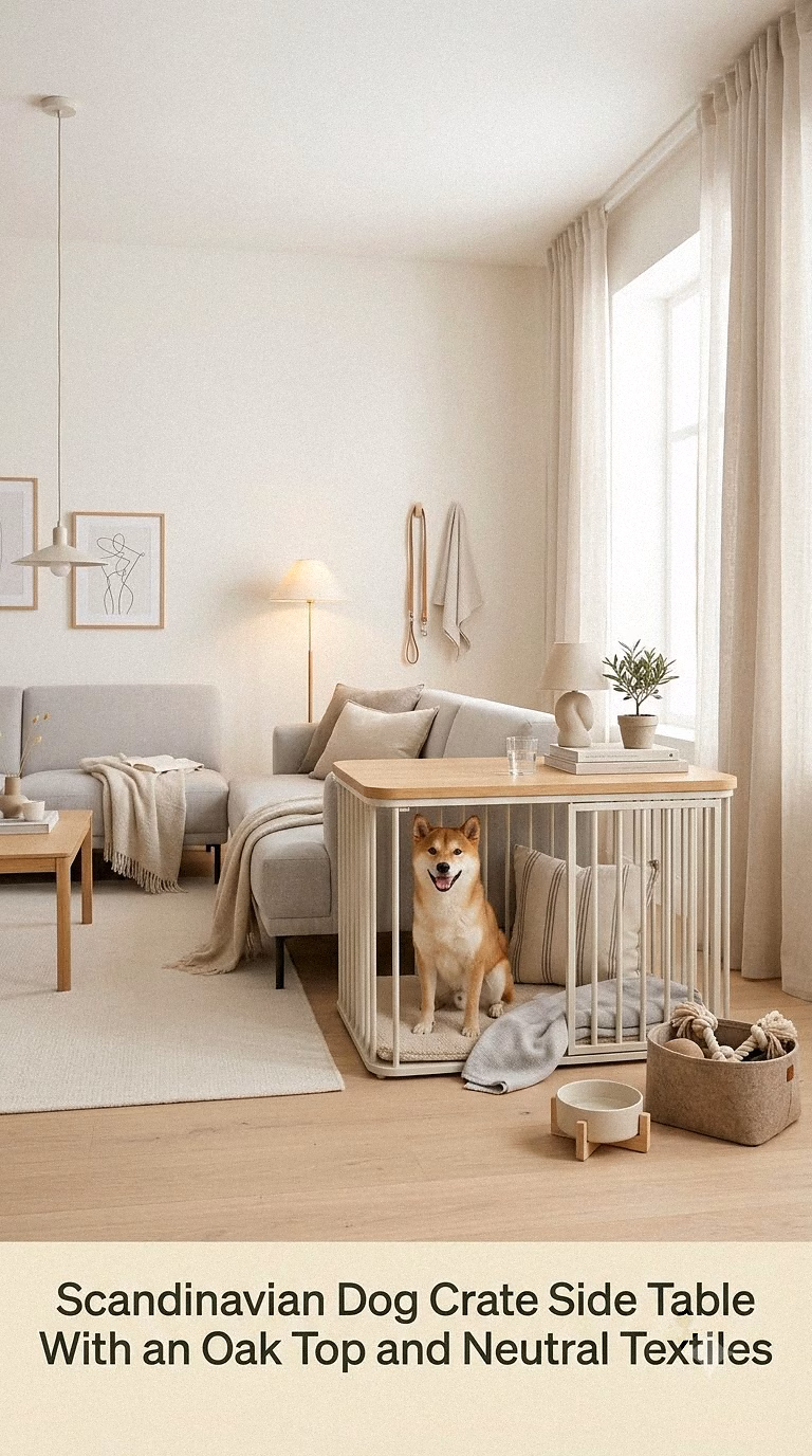 4. Scandinavian Dog Crate Side Table With an Oak Top and Neutral Textiles