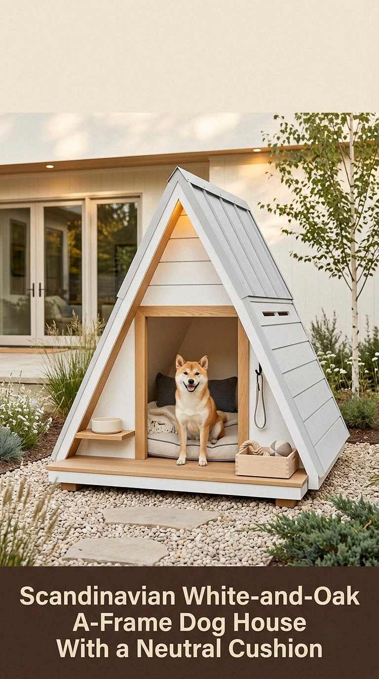 Scandinavian White-and-Oak A-Frame Dog House With a Neutral Cushion