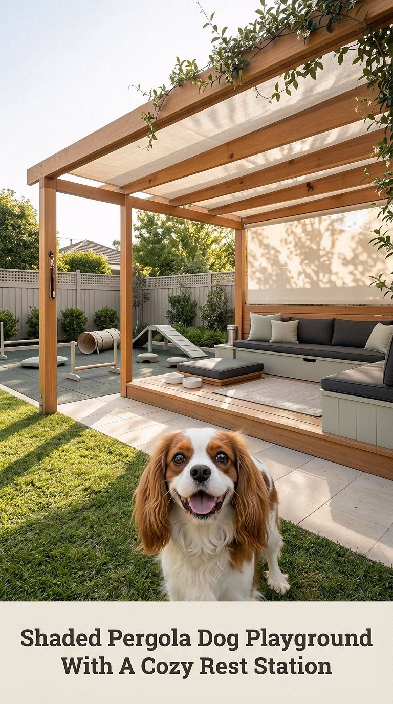 Shaded Pergola Dog Playground With A Cozy Rest Station