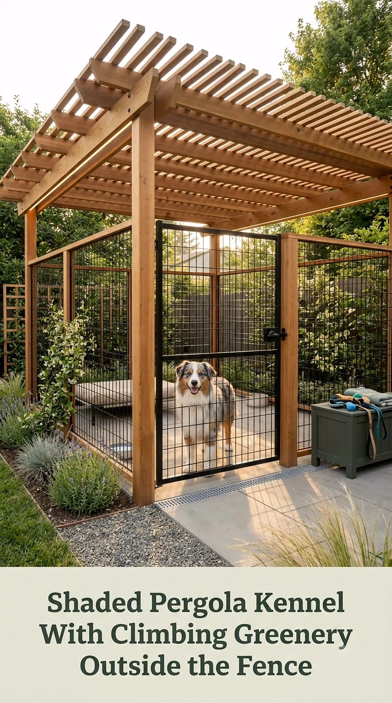 Shaded Pergola Kennel With Climbing Greenery Outside the Fence