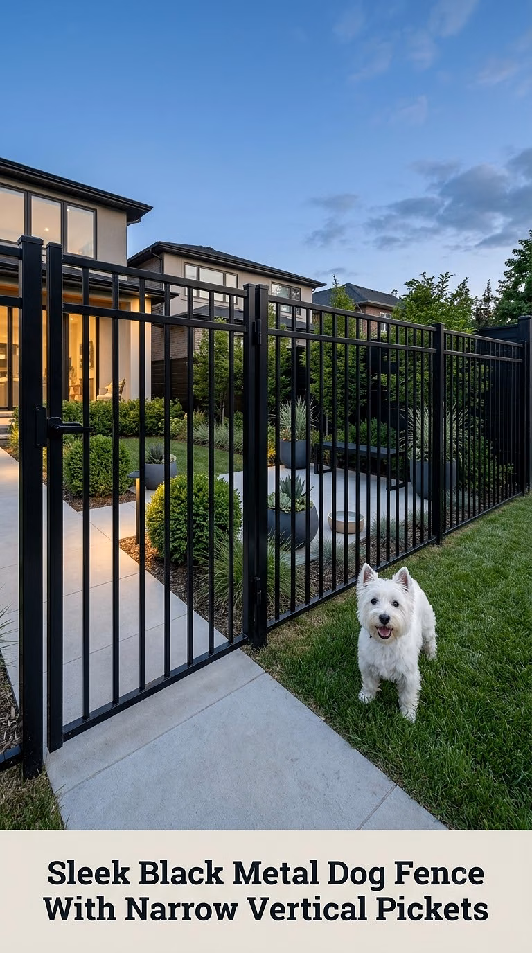 Sleek Black Metal Dog Fence With Narrow Vertical Pickets
