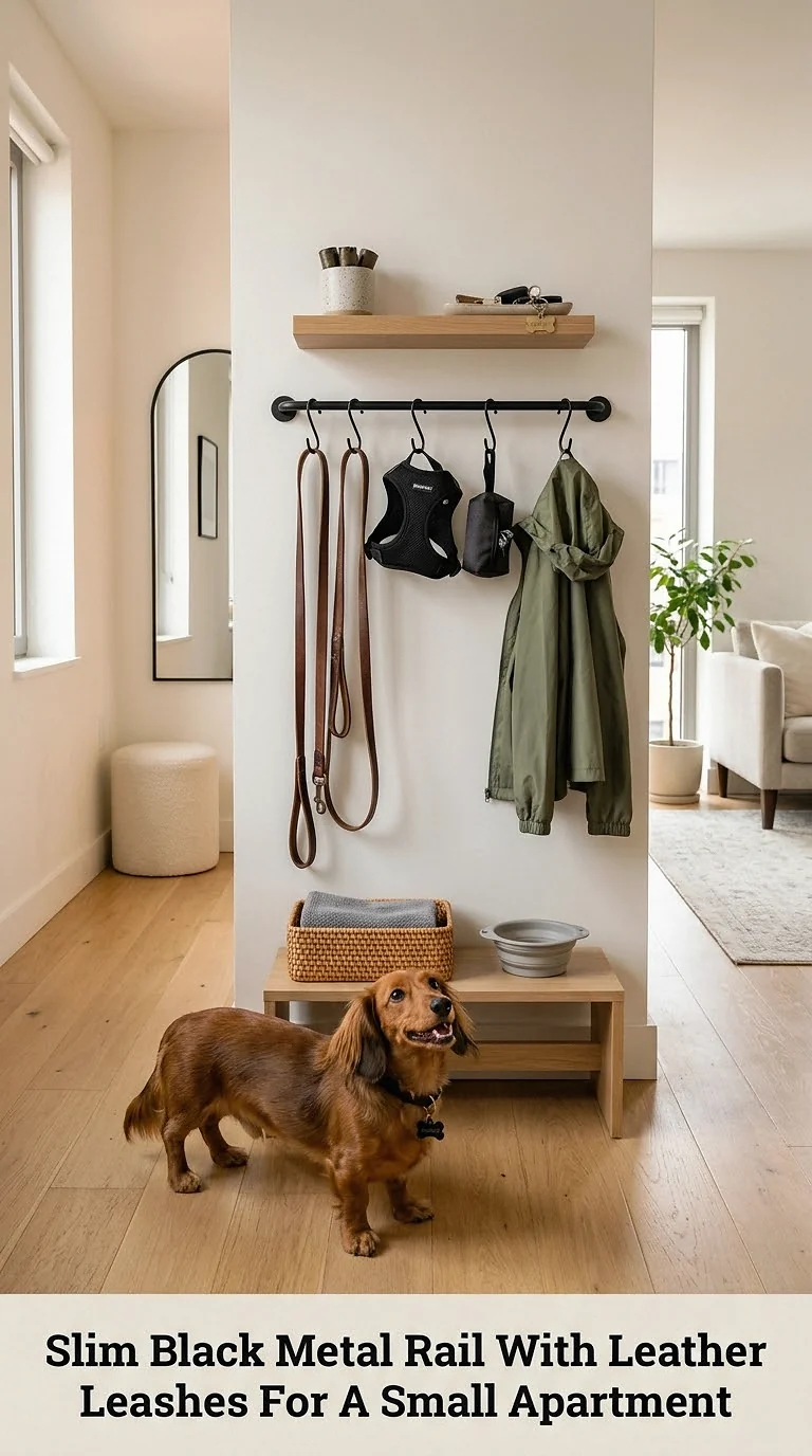 Slim Black Metal Rail With Leather Leashes For A Small Apartment