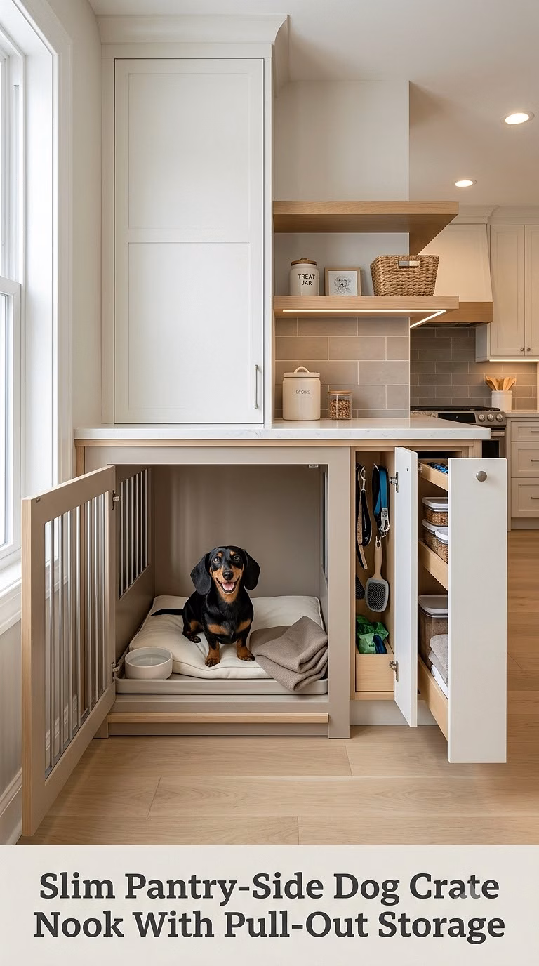 Slim Pantry-Side Dog Crate Nook With Pull-Out Storage