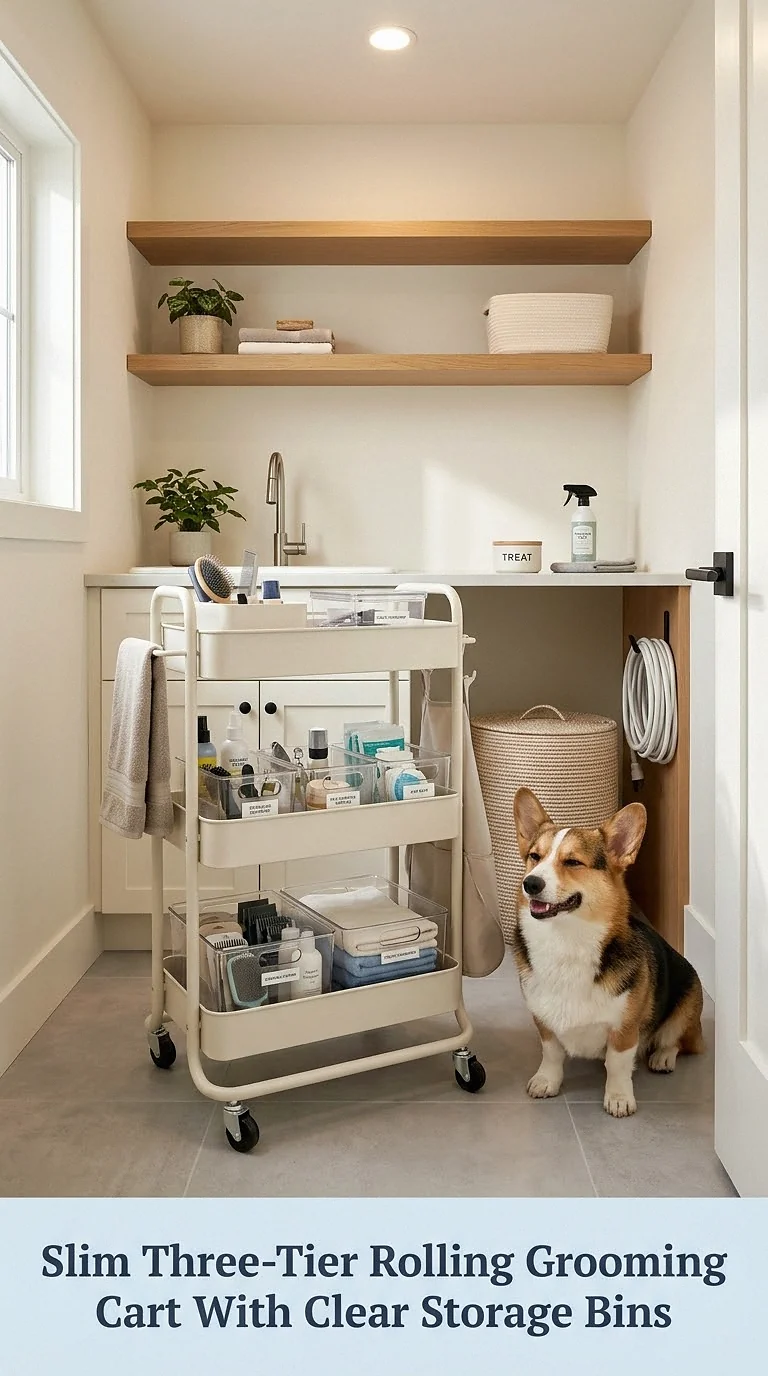 Slim Three-Tier Rolling Grooming Cart With Clear Storage Bins