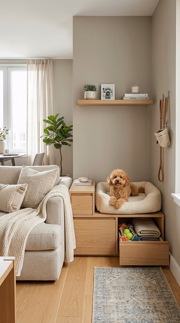 4. Small Apartment Dog Area Beside the Sofa With Hidden Toy Storage