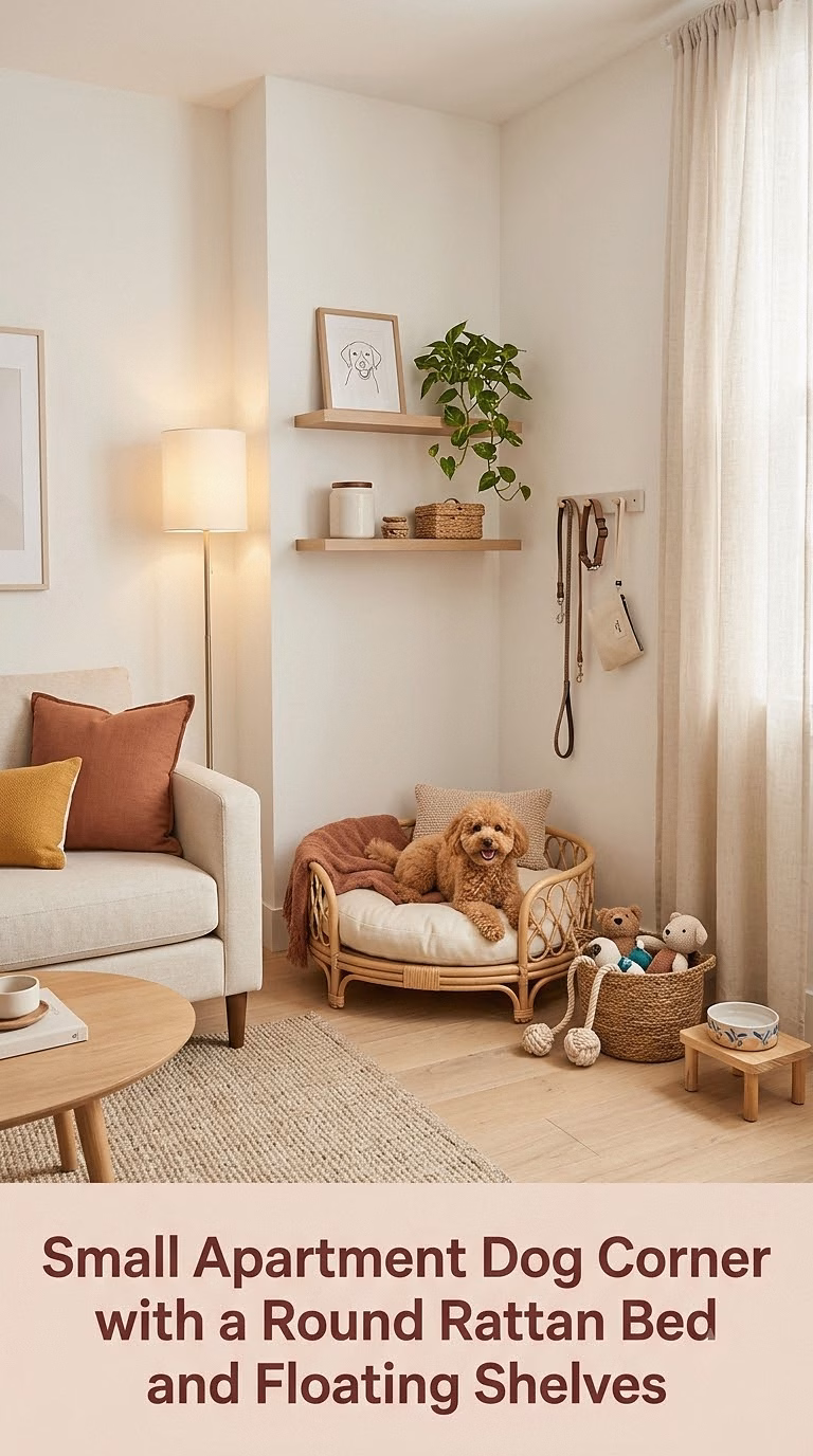 4. Small Apartment Dog Corner with a Round Rattan Bed and Floating Shelves