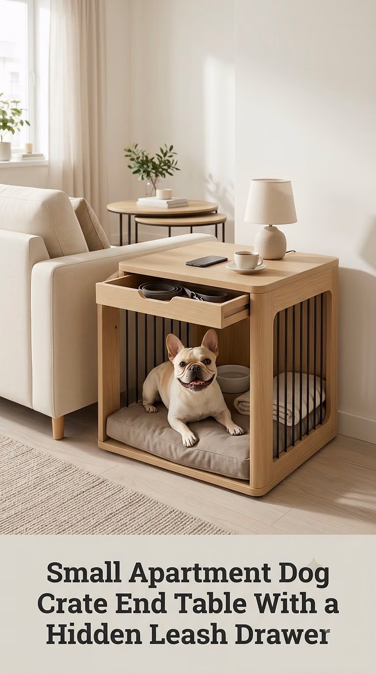 Small Apartment Dog Crate End Table With a Hidden Leash Drawer