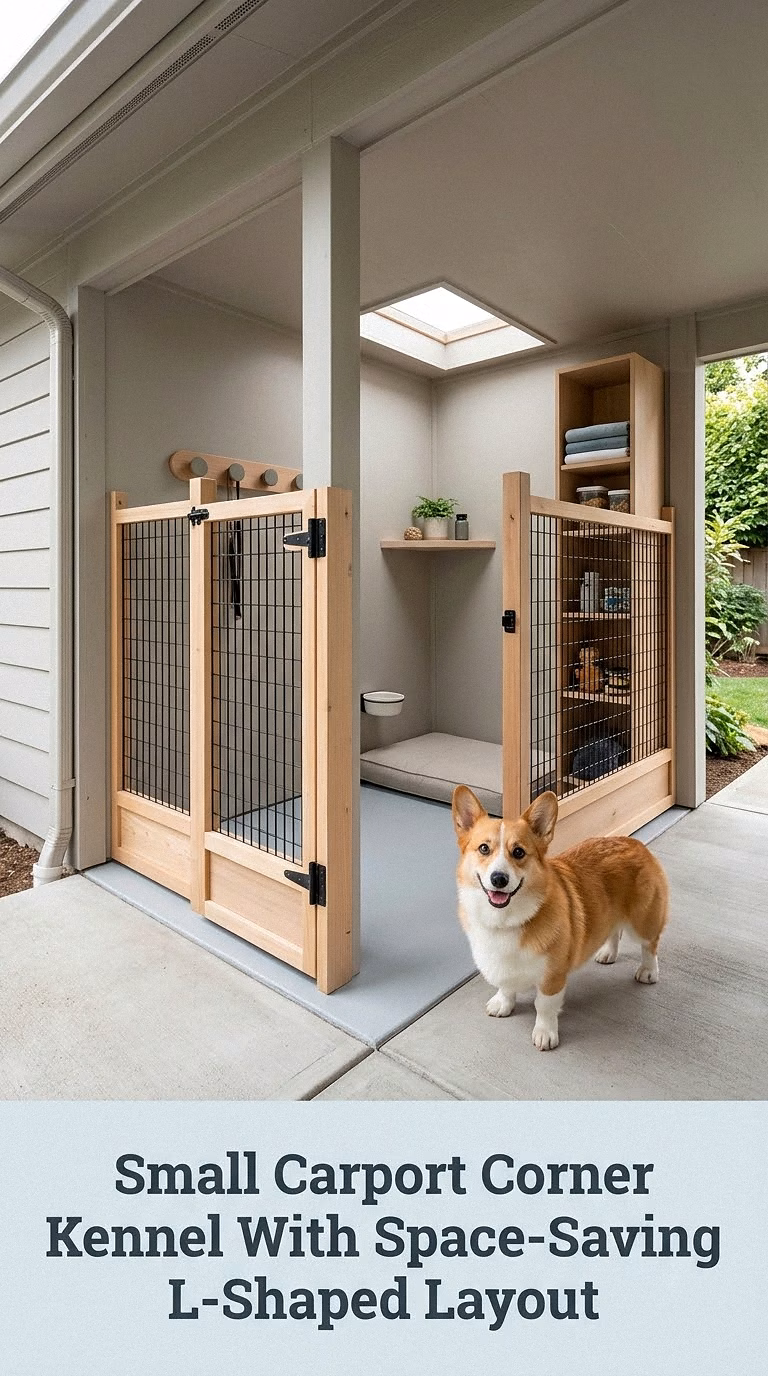 Small Carport Corner Kennel With Space-Saving L-Shaped Layout