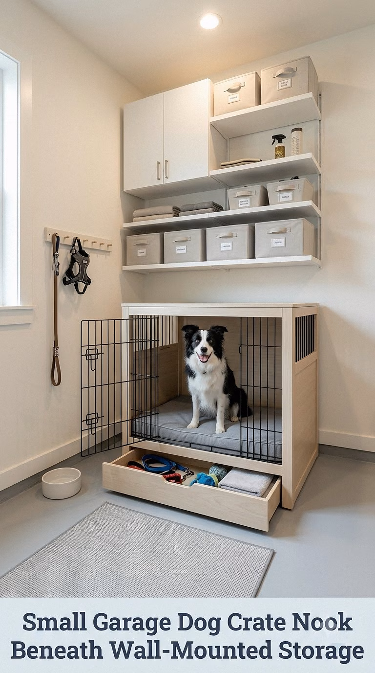 Small Garage Dog Crate Nook Beneath Wall-Mounted Storage