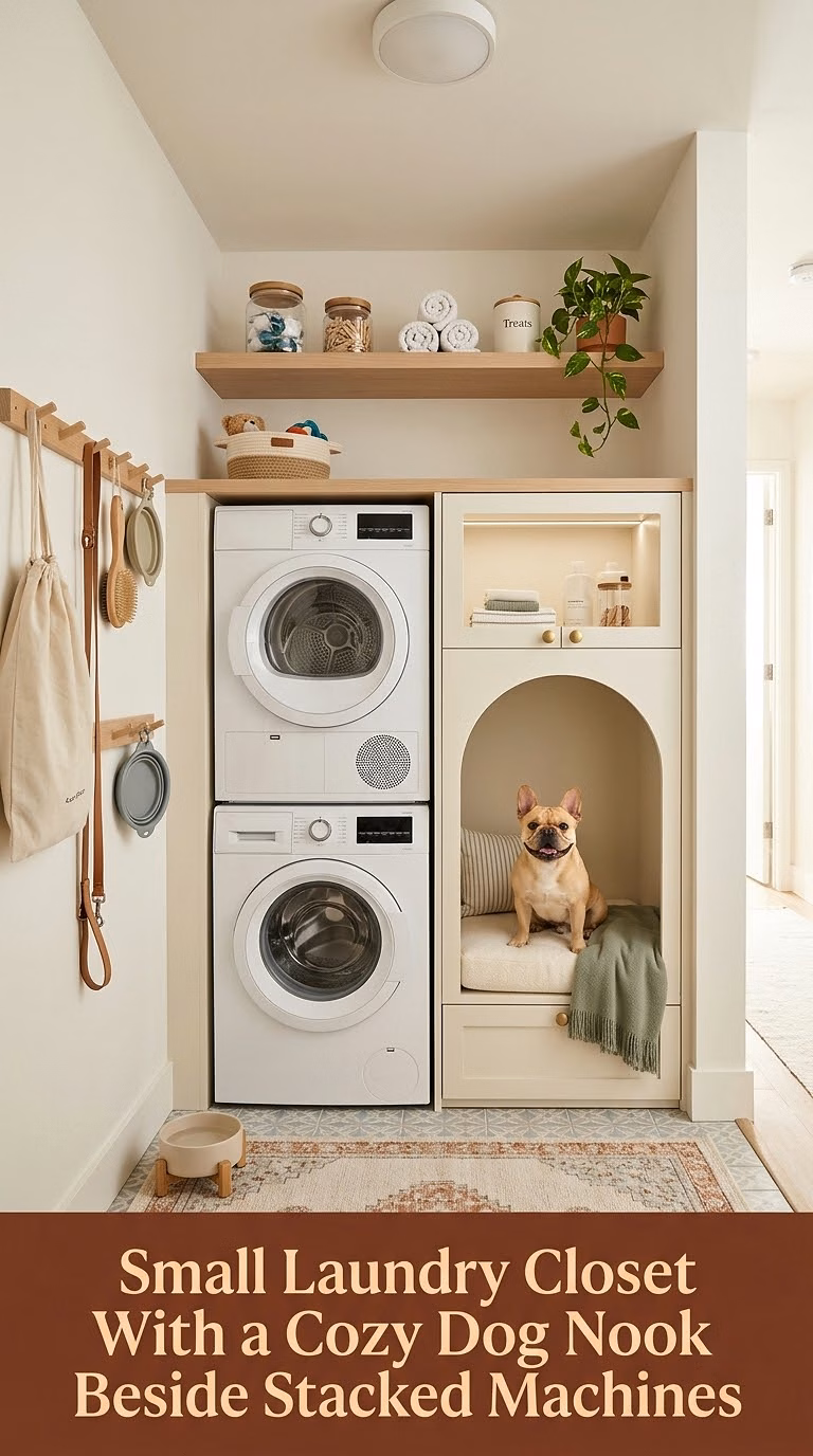4. Small Laundry Closet With a Cozy Dog Nook Beside Stacked Machines