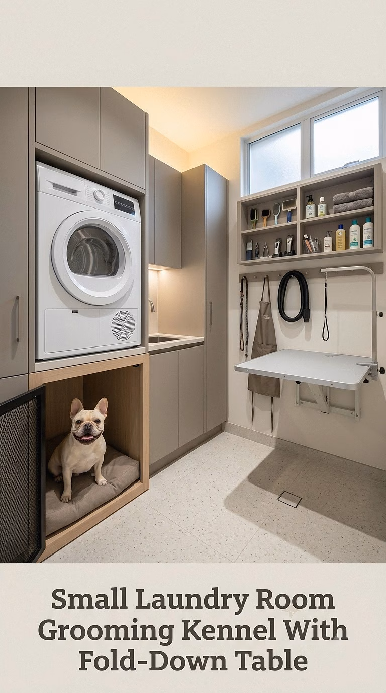 Small Laundry Room Grooming Kennel With Fold-Down Table