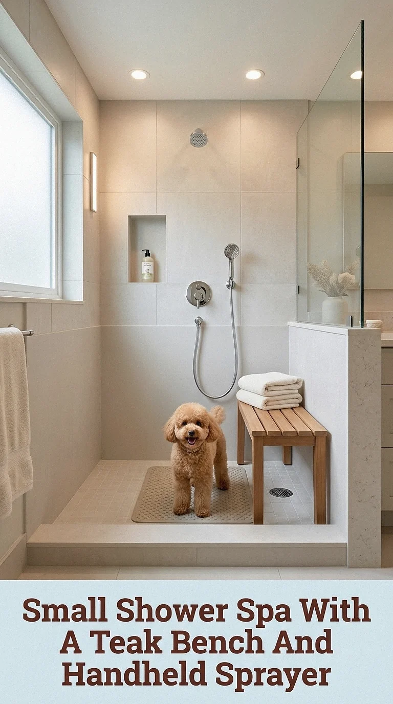 Small Shower Spa With A Teak Bench And Handheld Sprayer