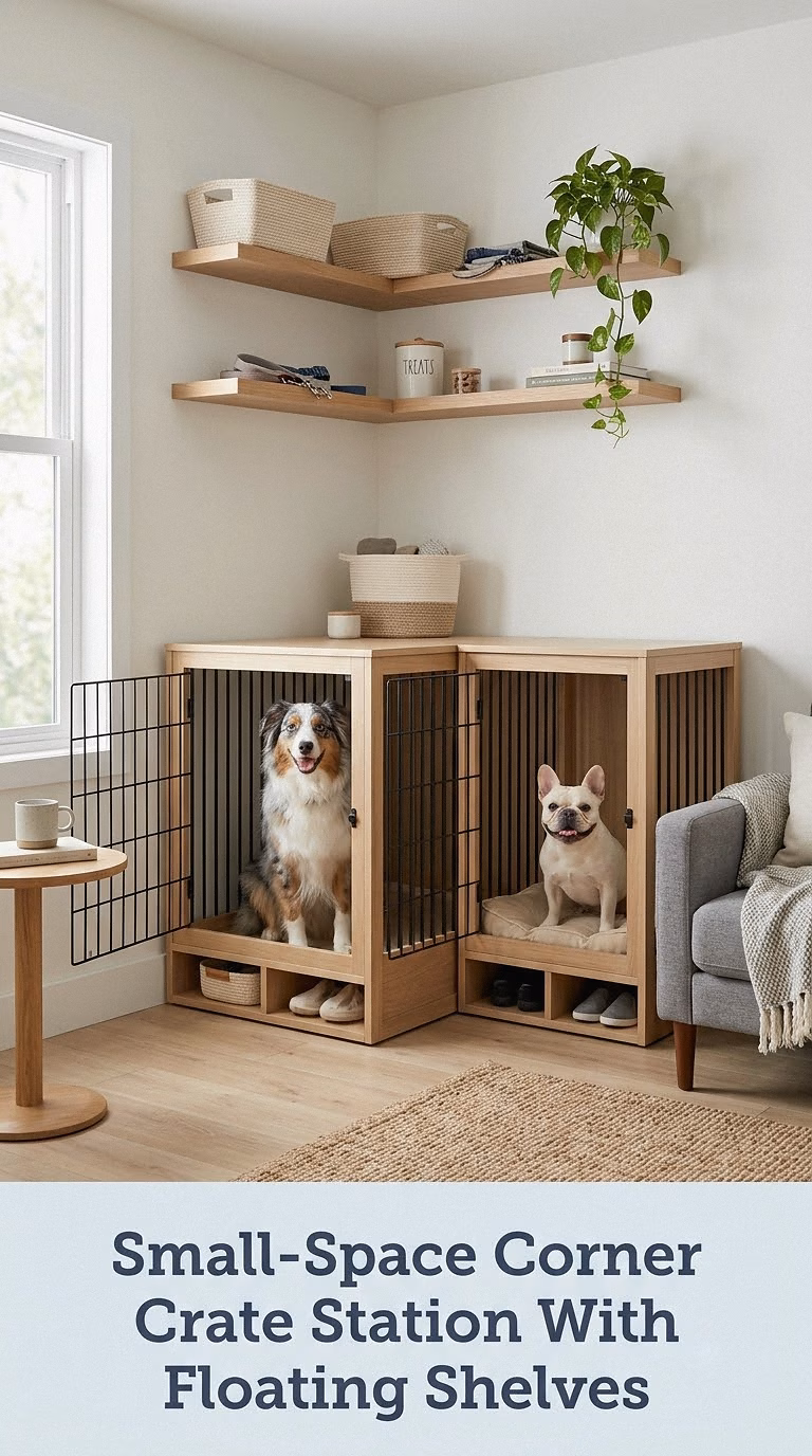 Small-Space Corner Crate Station With Floating Shelves