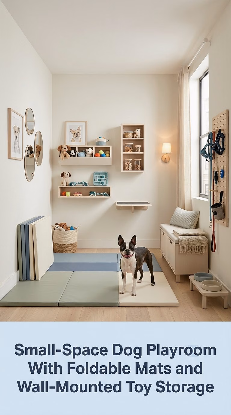 4. Small-Space Dog Playroom With Foldable Mats and Wall-Mounted Toy Storage