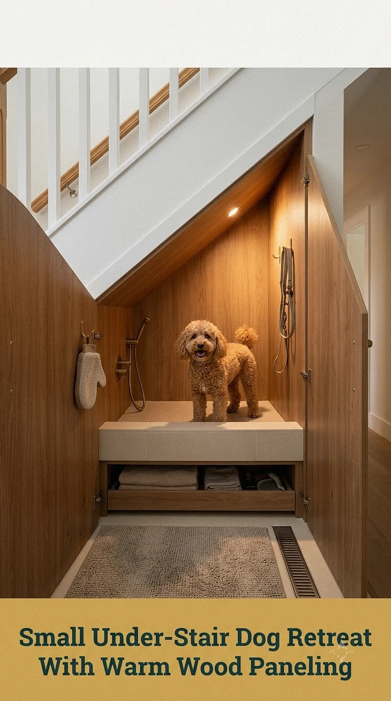 Small Under-Stair Dog Retreat With Warm Wood Paneling