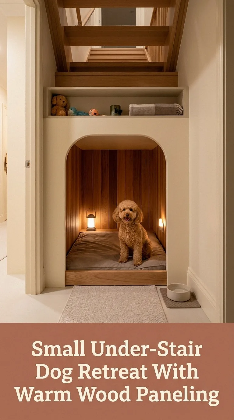 Small Under-Stair Dog Retreat With Warm Wood Paneling