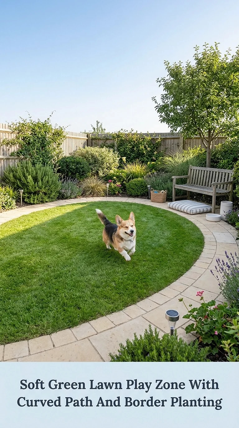 Soft Green Lawn Play Zone With Curved Path And Border Planting