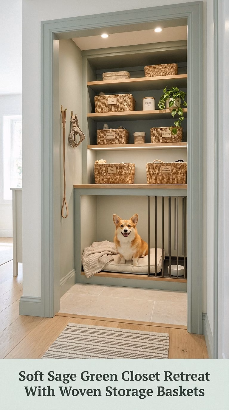 Soft Sage Green Closet Retreat With Woven Storage Baskets