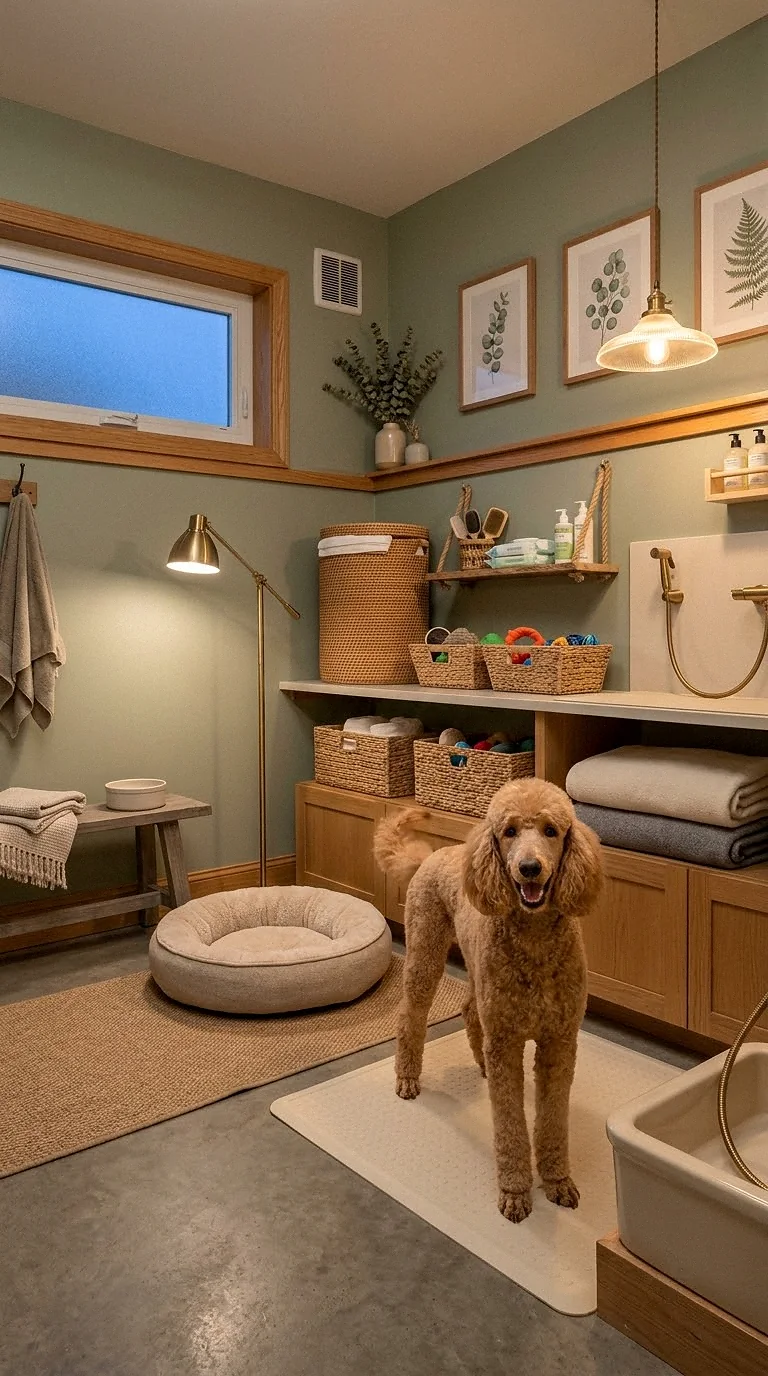 Soft Sage Green Dog Room With Woven Baskets and Neutral Bedding