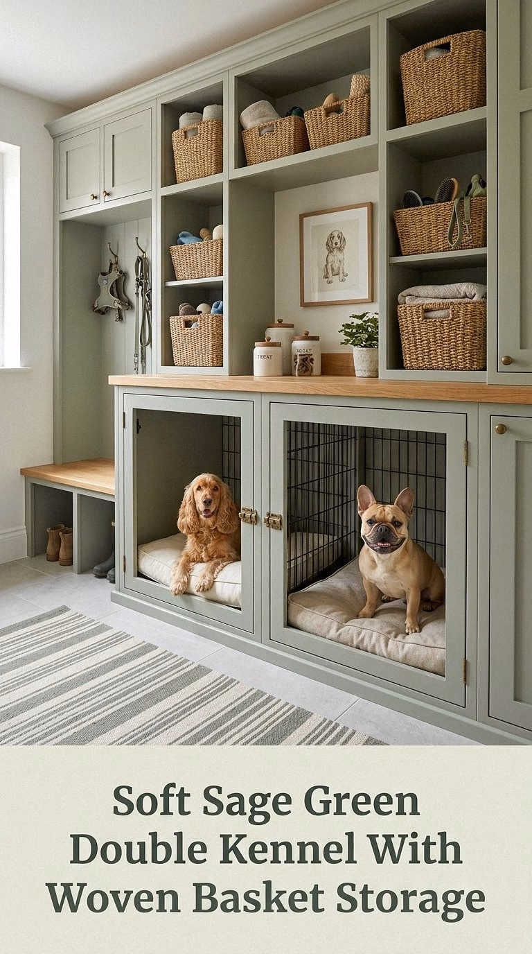 Soft Sage Green Double Kennel With Woven Basket Storage
