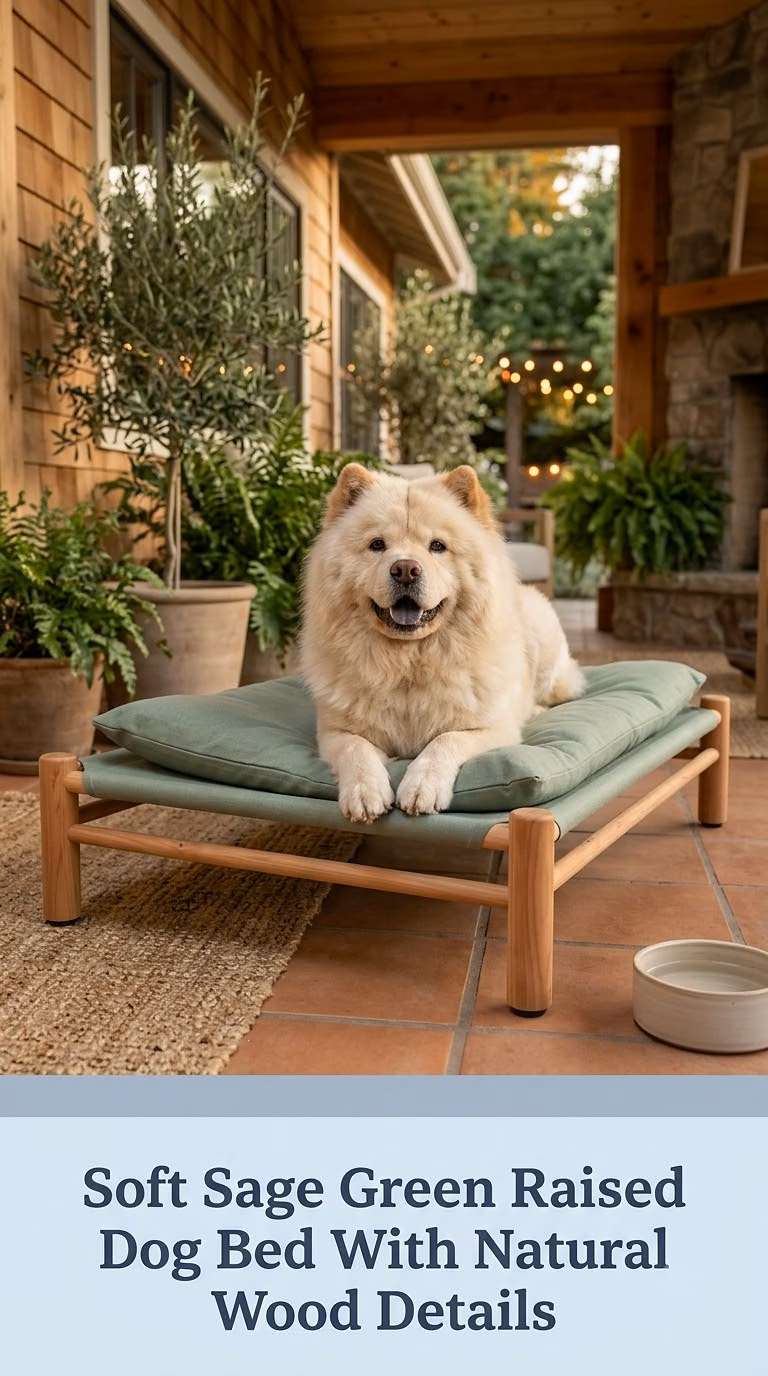 Soft Sage Green Raised Dog Bed With Natural Wood Details