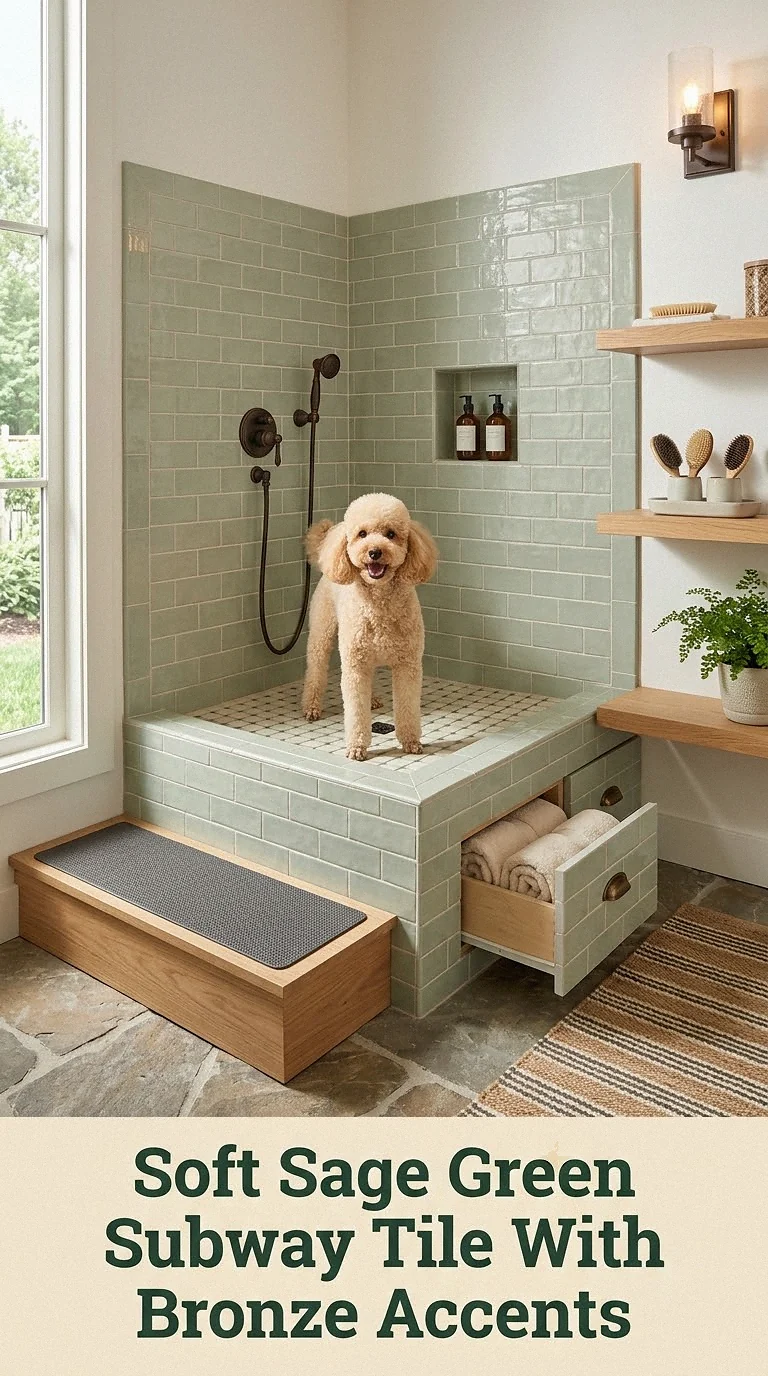 Soft Sage Green Subway Tile With Bronze Accents