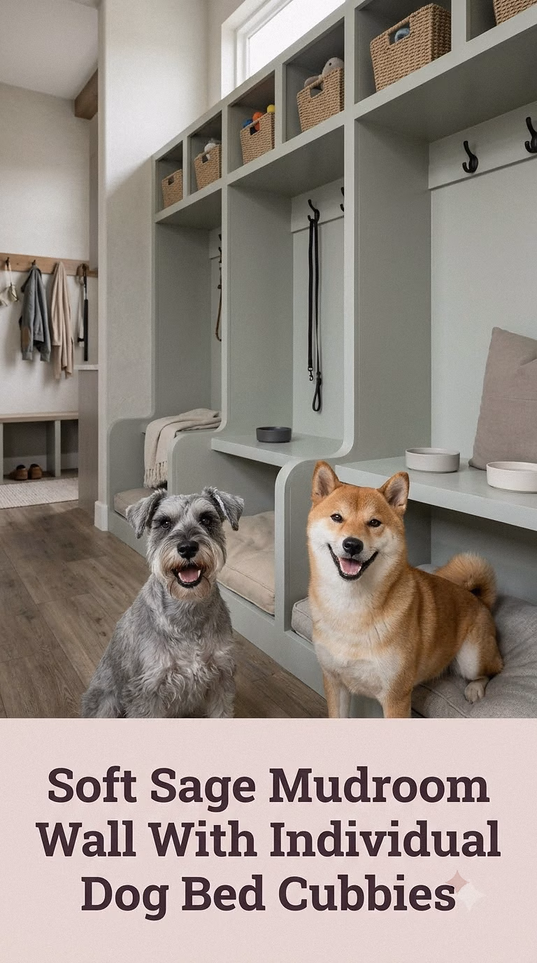 Soft Sage Mudroom Wall With Individual Dog Bed Cubbies