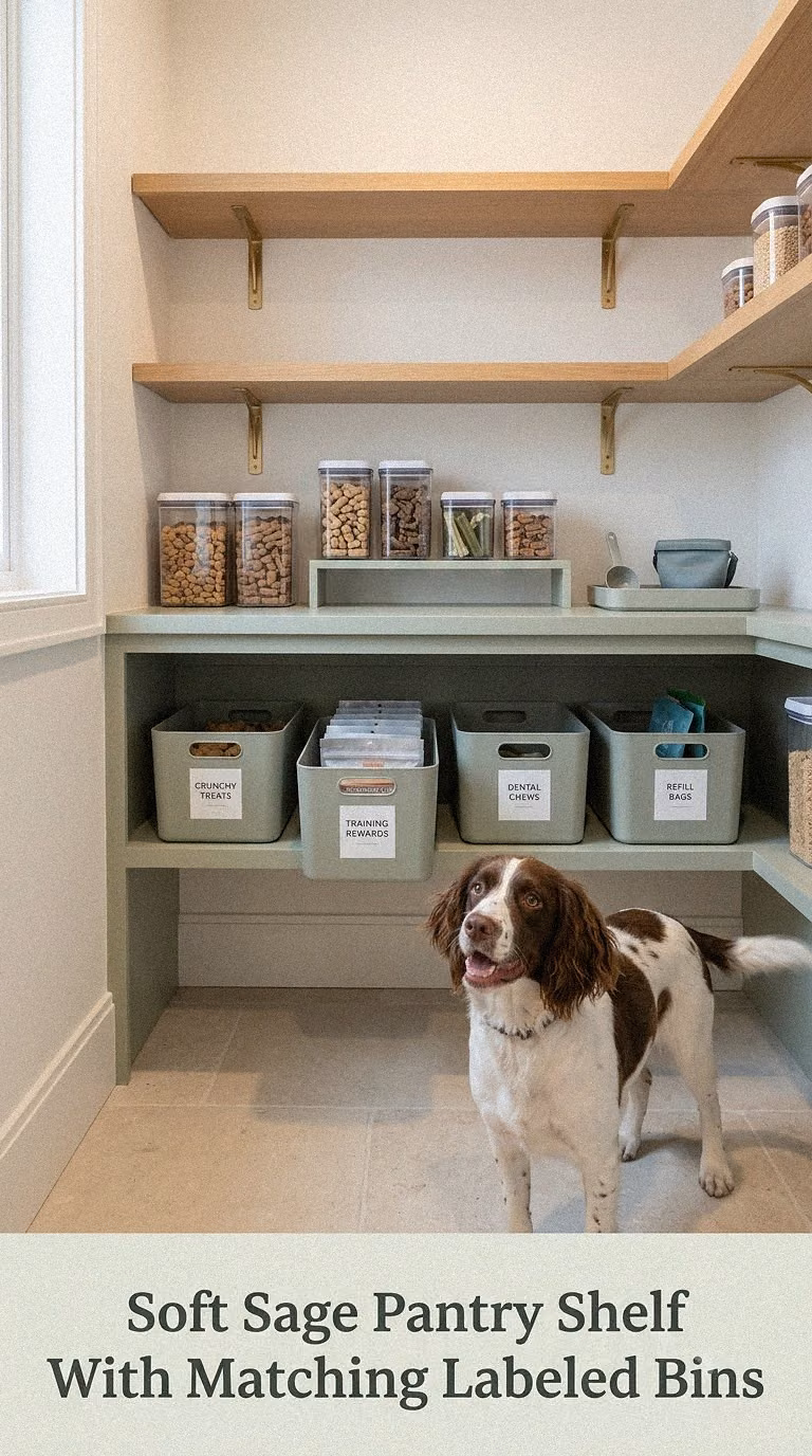 Soft Sage Pantry Shelf With Matching Labeled Bins