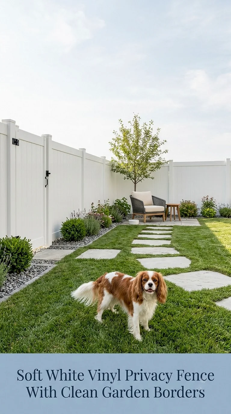 Soft White Vinyl Privacy Fence With Clean Garden Borders