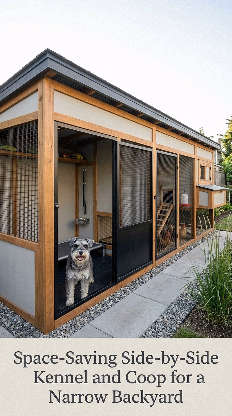 Space-Saving Side-by-Side Kennel and Coop for a Narrow Backyard