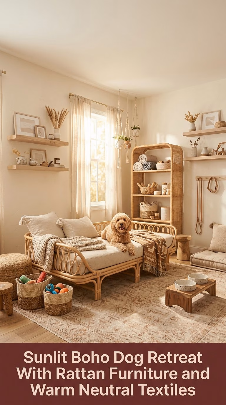 4. Sunlit Boho Dog Retreat With Rattan Furniture and Warm Neutral Textiles