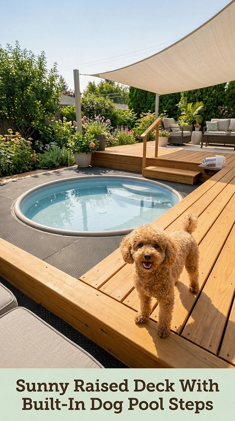 Sunny Raised Deck With Built-In Dog Pool Steps