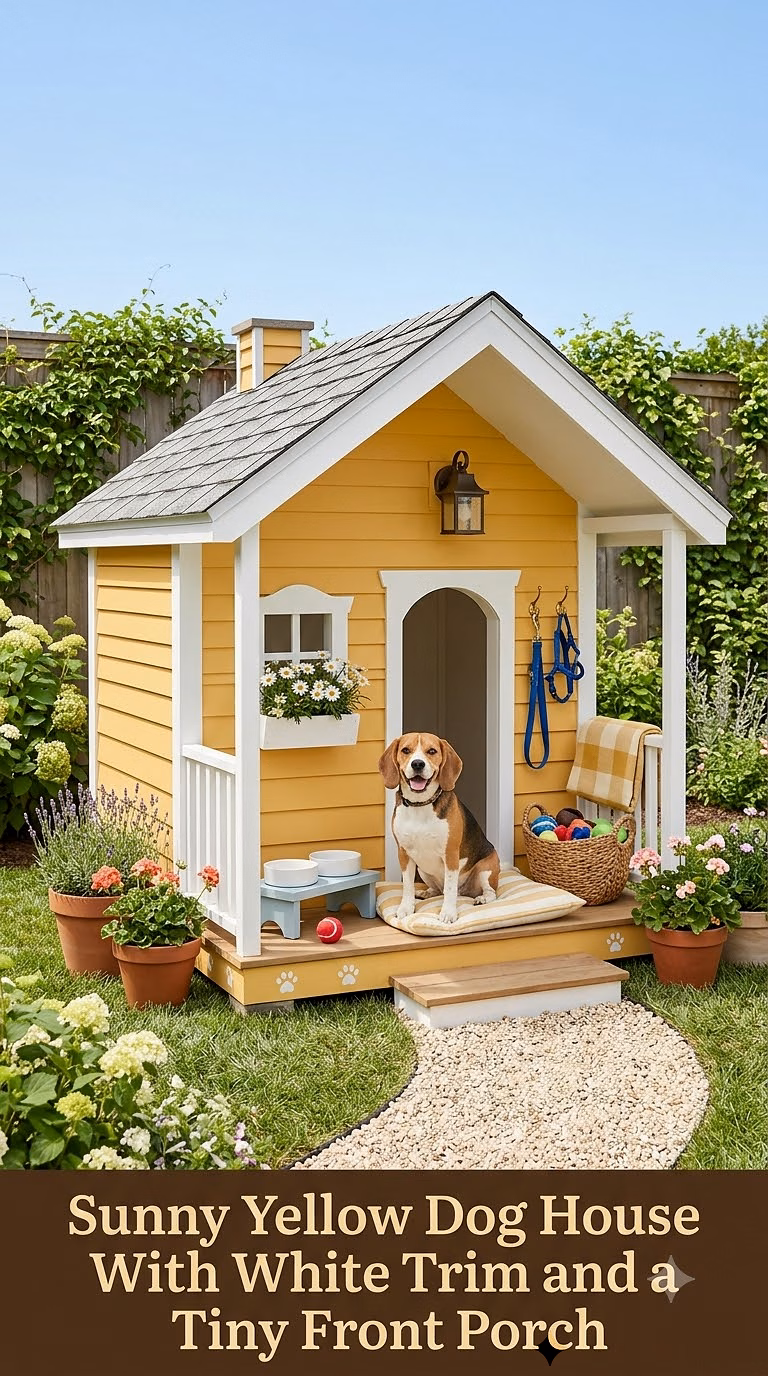 4. Sunny Yellow Dog House With White Trim and a Tiny Front Porch