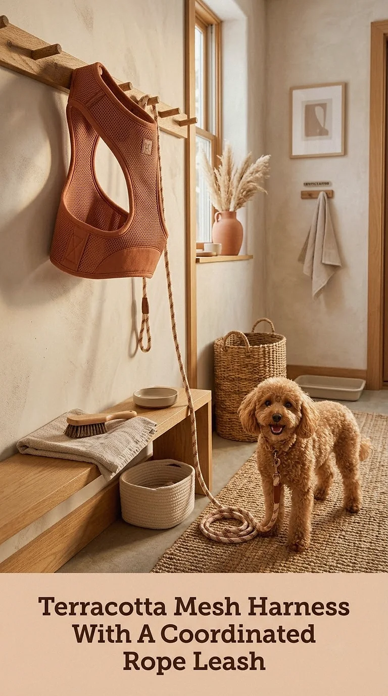Terracotta Mesh Harness With A Coordinated Rope Leash