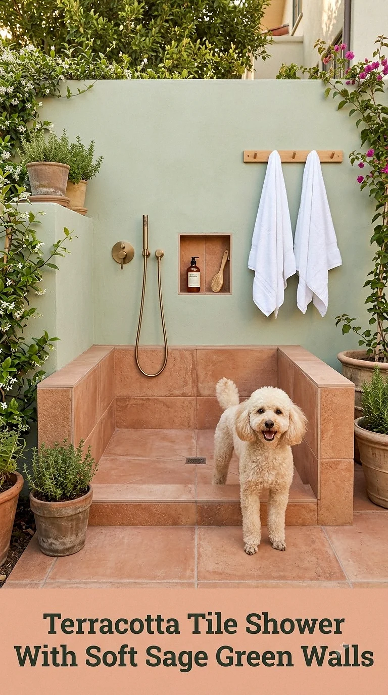 Terracotta Tile Shower With Soft Sage Green Walls