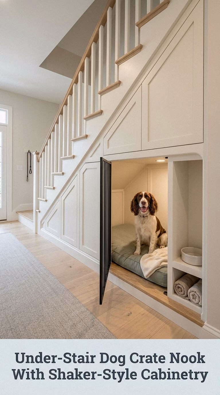 Under-Stair Dog Crate Nook With Shaker-Style Cabinetry