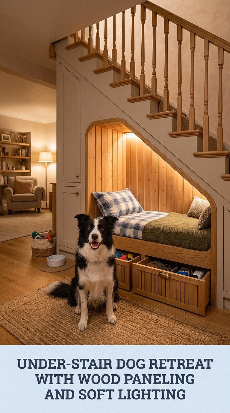 Under-Stair Dog Retreat With Wood Paneling and Soft Lighting