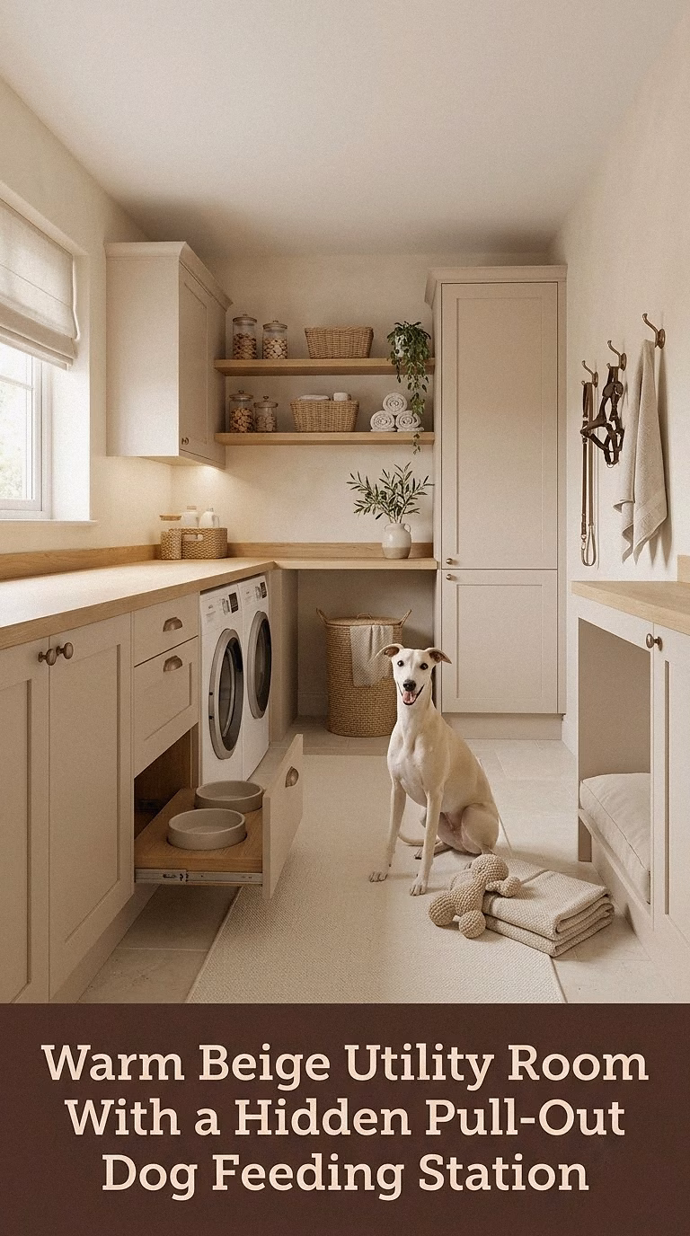 4. Warm Beige Utility Room With a Hidden Pull-Out Dog Feeding Station