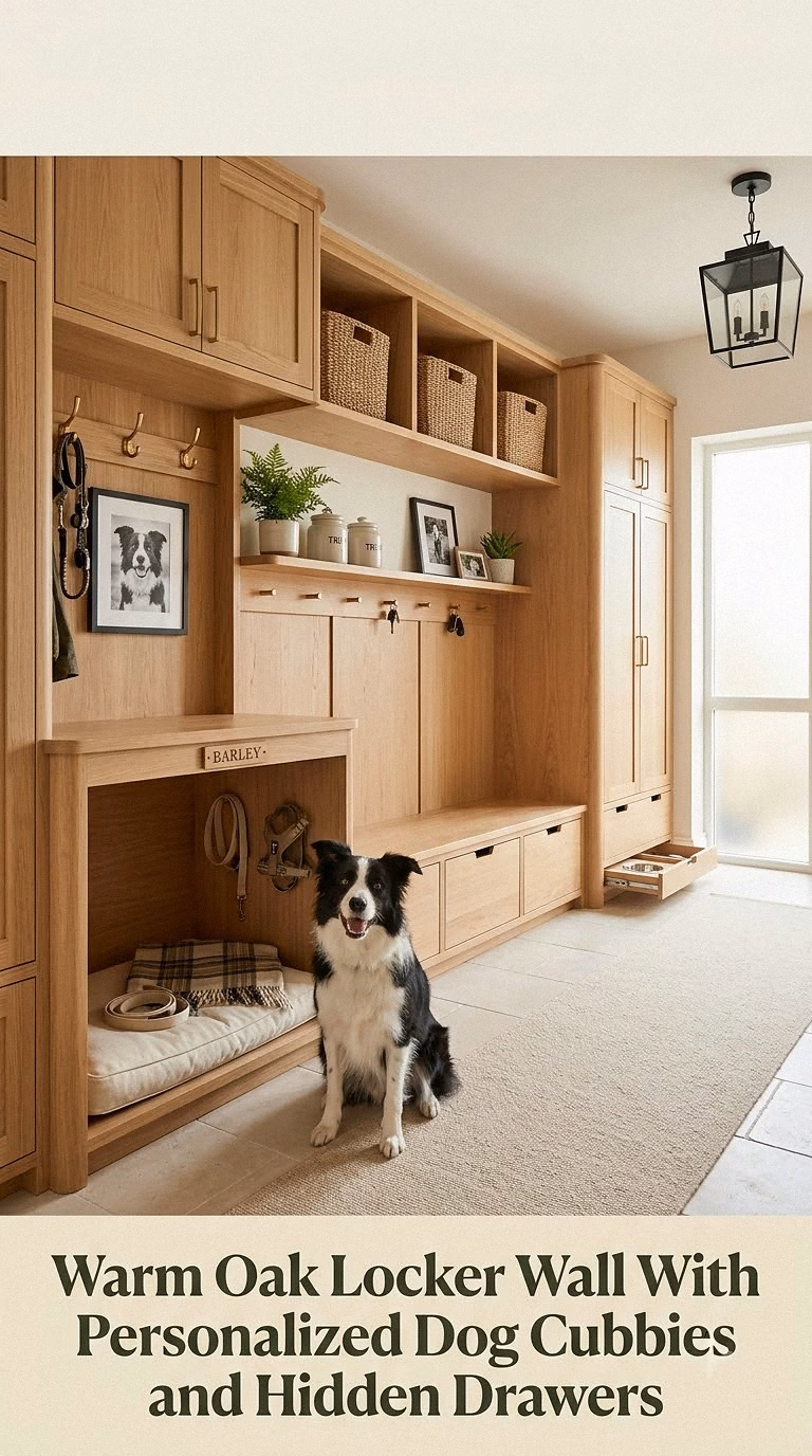 Warm Oak Locker Wall With Personalized Dog Cubbies and Hidden Drawers
