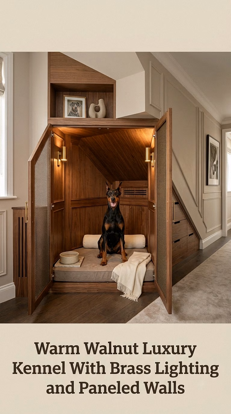 Warm Walnut Luxury Kennel With Brass Lighting and Paneled Walls