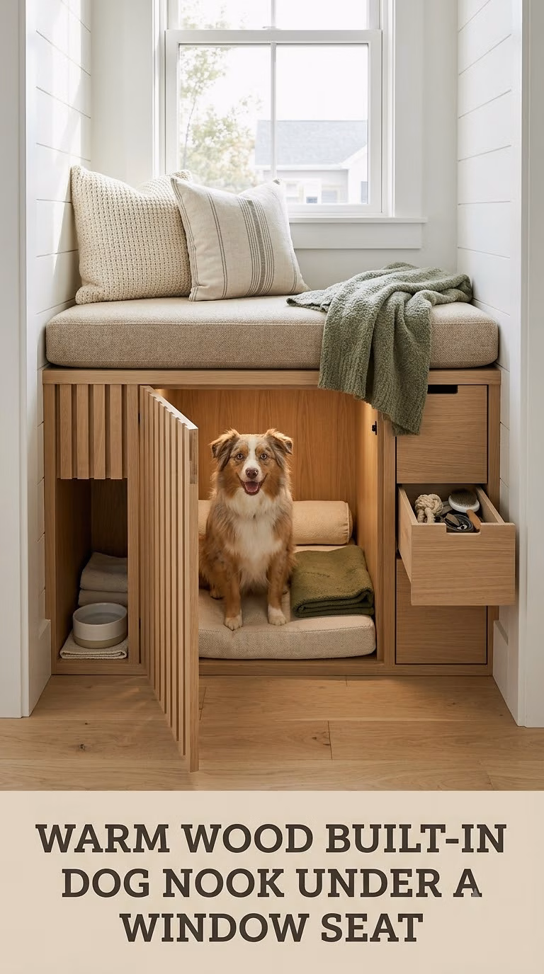 Warm Wood Built-In Dog Nook Under a Window Seat