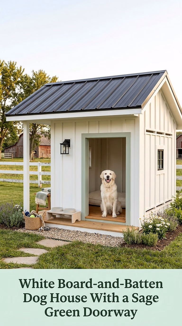 4. White Board-and-Batten Dog House With a Sage Green Doorway