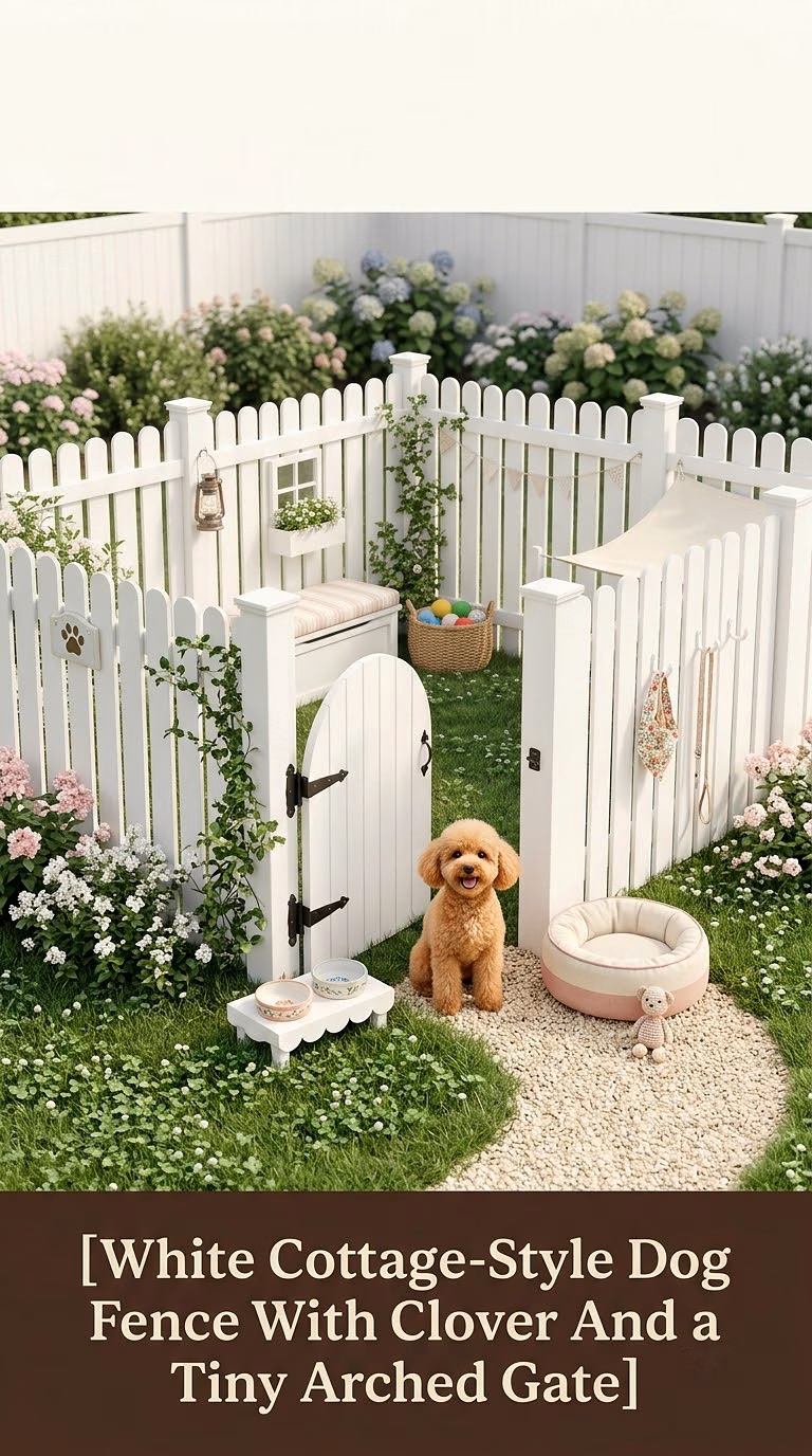 4. White Cottage-Style Dog Fence With Clover and a Tiny Arched Gate